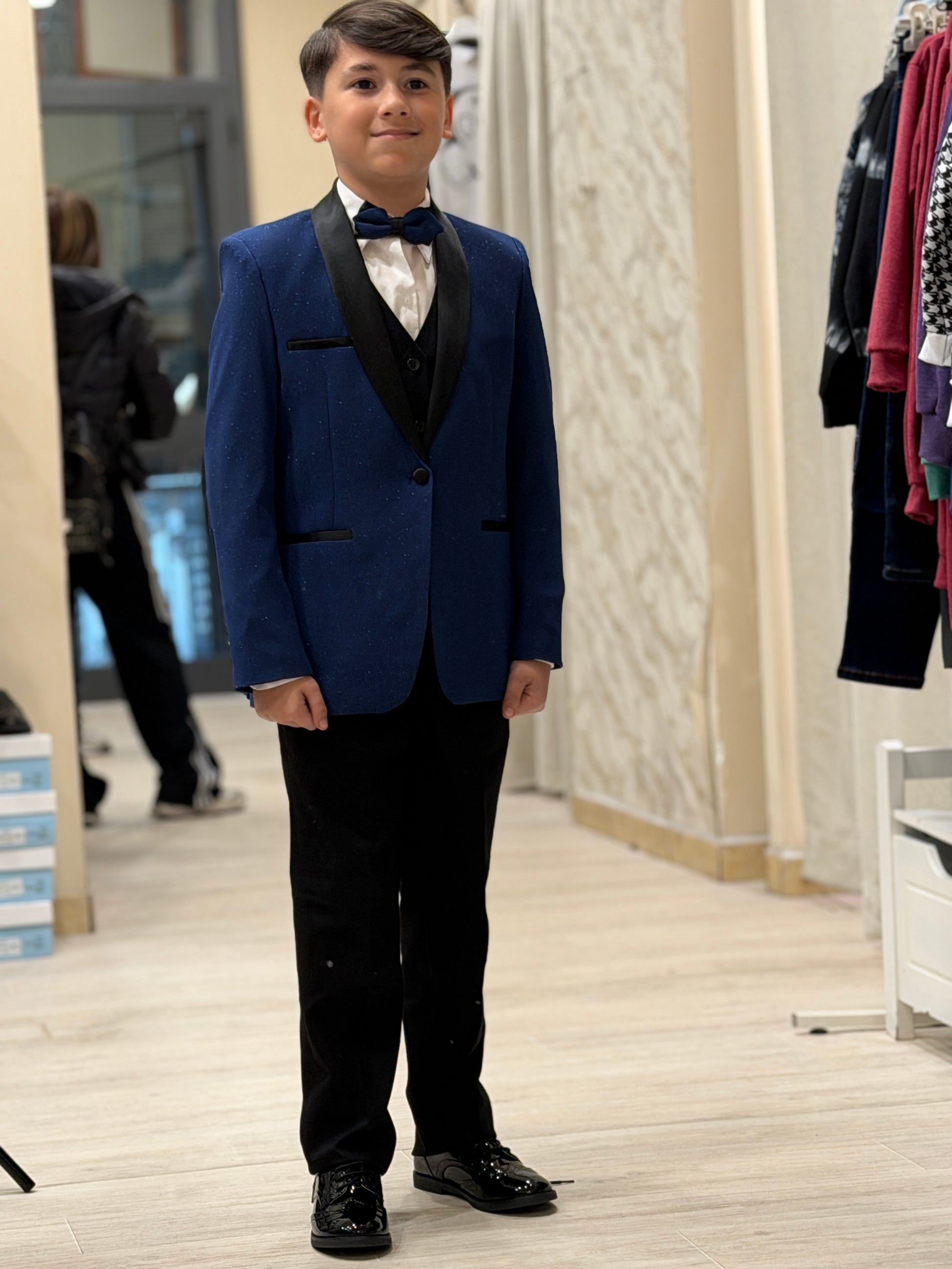 abito smoking con gilet glitter blu