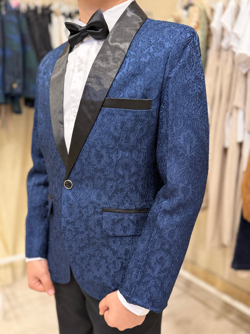 abito smoking con gilet damascato blu