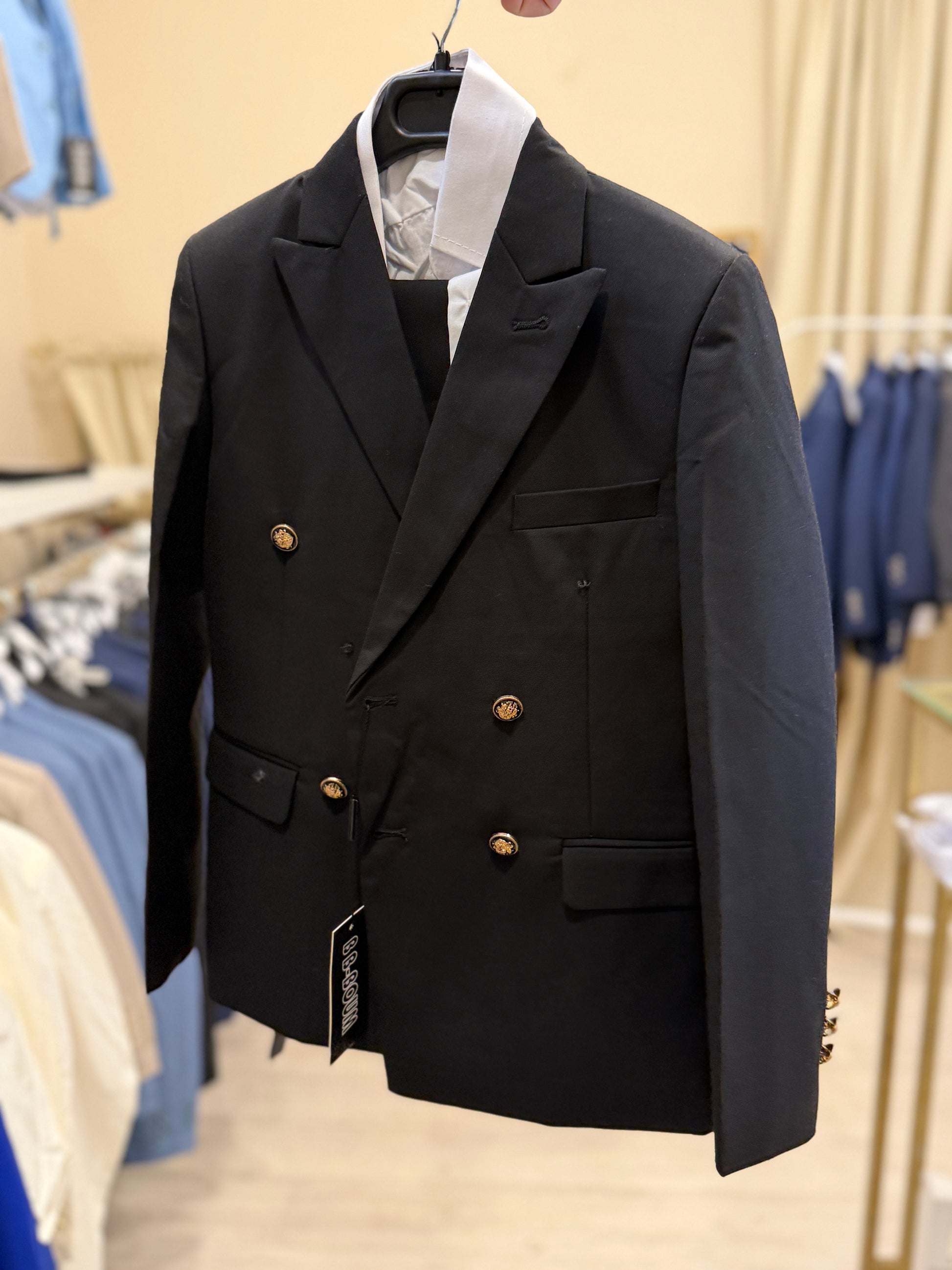 abito doppio petto con gilet nero bott oro