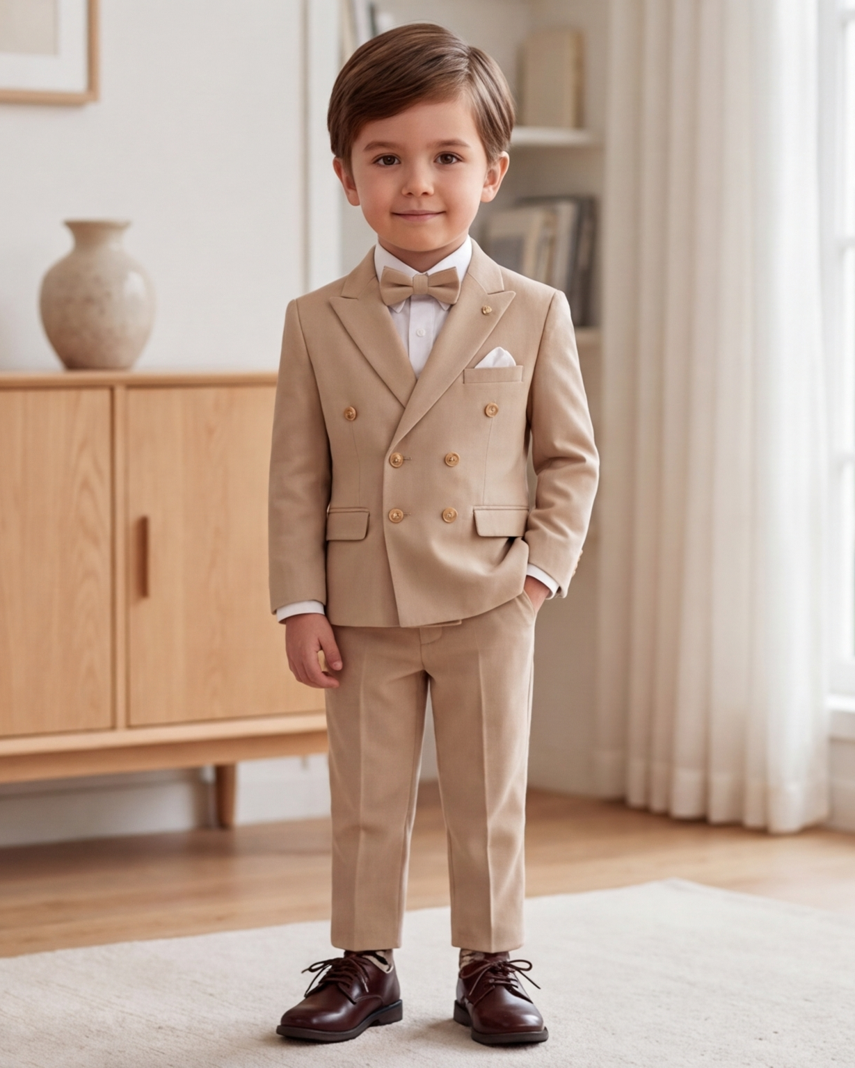 abito doppio petto con gilet beige oro